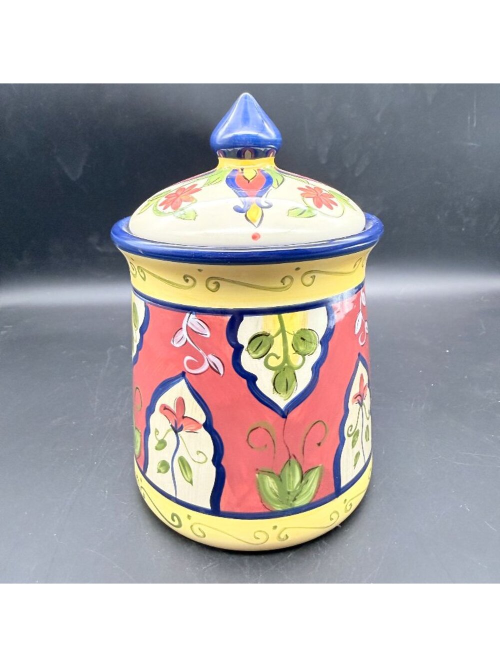 Pier 1 Imports Vallarta Hand-Painted Ceramic Canister 8-In Small Blue Finial Lid